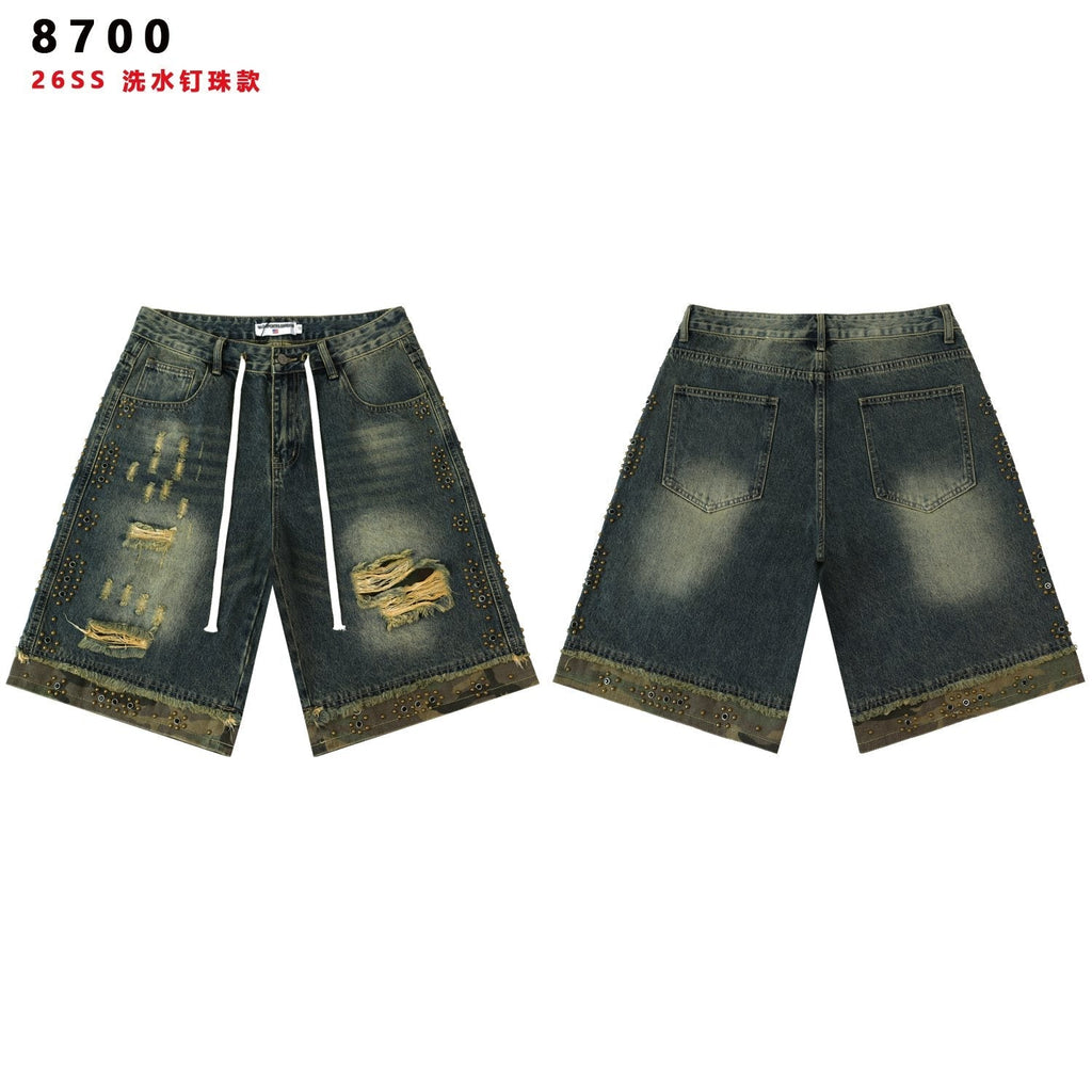 VALLEY Studded Distressed Washed Denim Shorts — front
